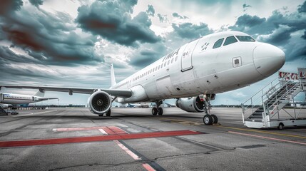 an airplane with a vibrant red carpet and extended stairs awaits passengers against the backdrop of an airport runway, evoking the glamour of air travel.