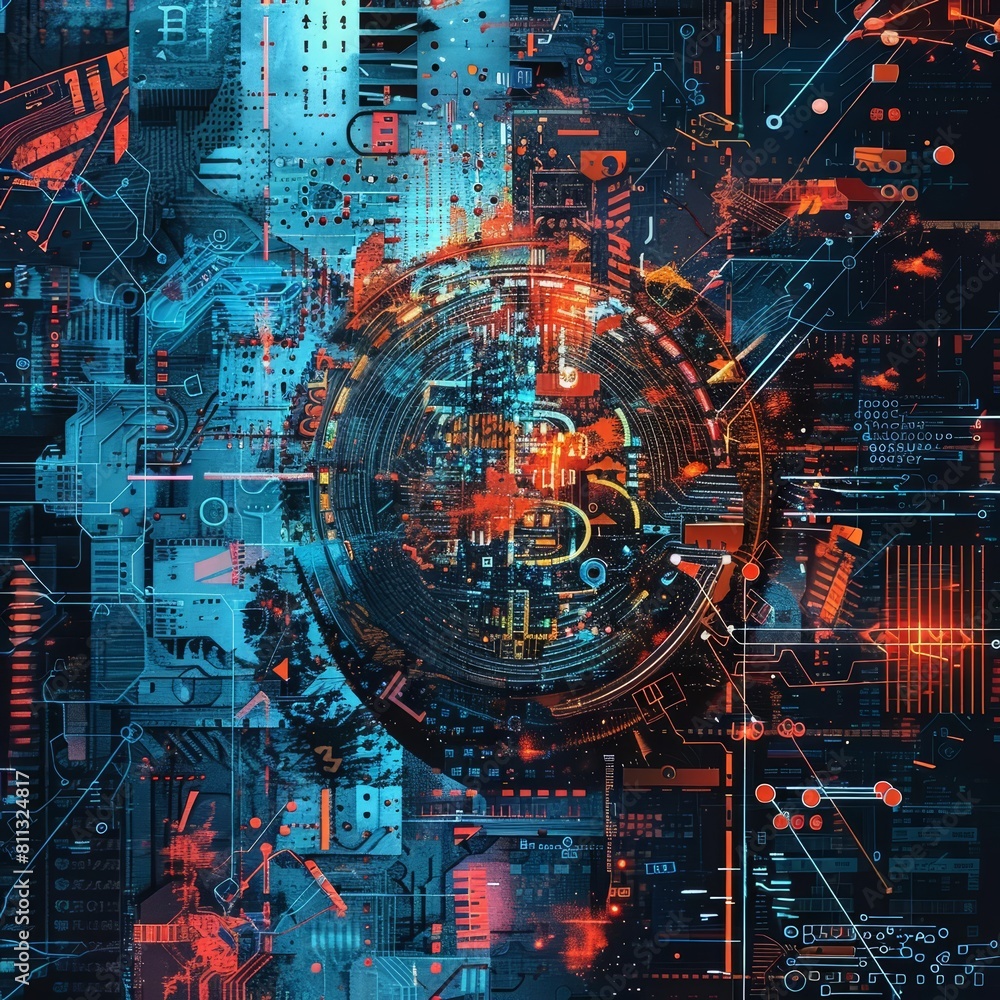Poster design a digital artwork showcasing the concept of blockchain technology and its connection to bitco