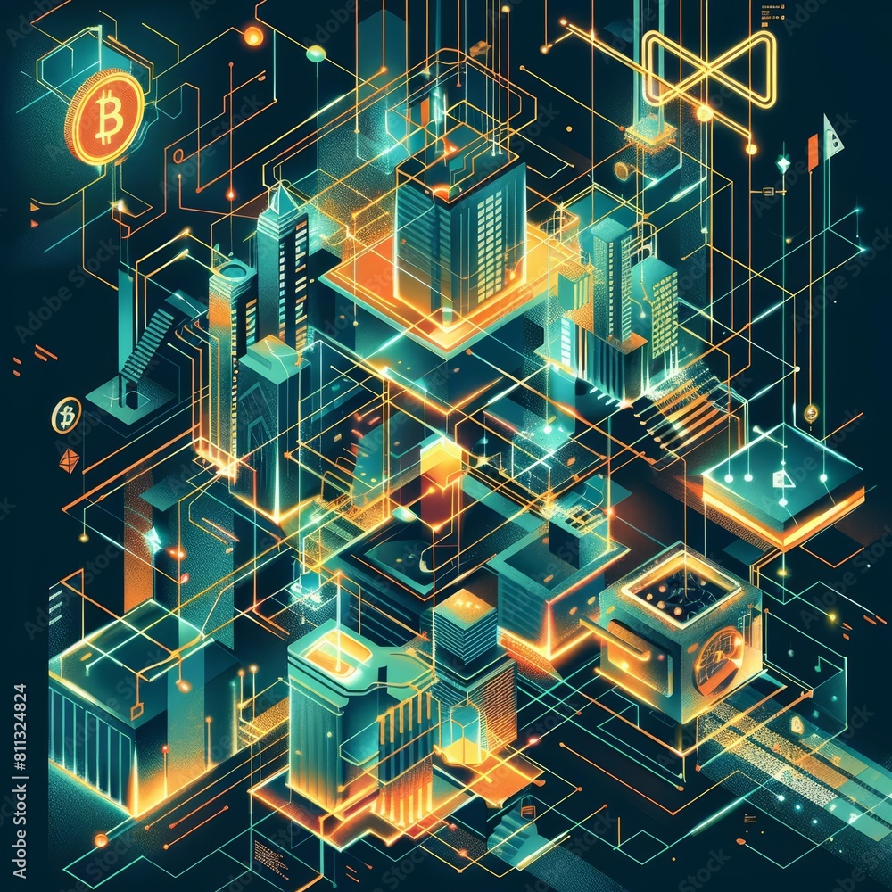 Aufkleber design a digital artwork showcasing the concept of blockchain technology and its connection to bitco