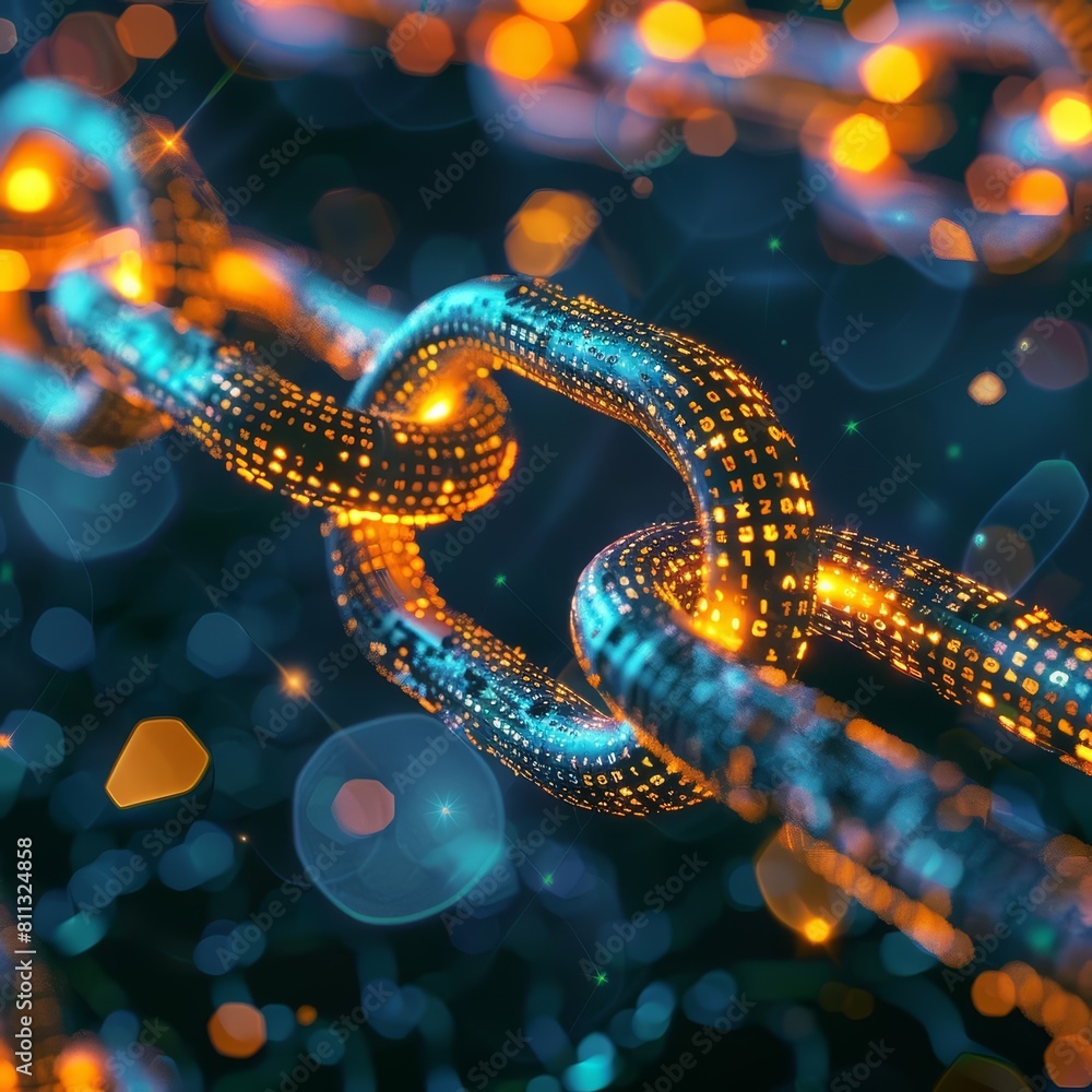 Aufkleber design a digital artwork showcasing the concept of blockchain technology and its connection to bitco