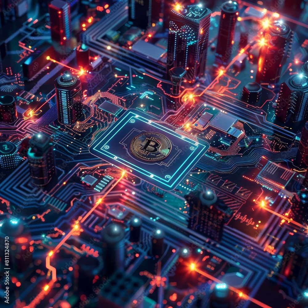 Aufkleber design a digital artwork showcasing the concept of blockchain technology and its connection to bitco
