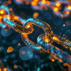 Design a digital artwork showcasing the concept of blockchain technology and its connection to Bitcoin