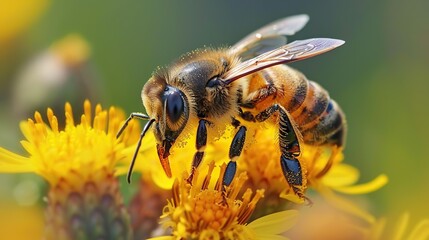 ฺBee collecting pollen at yellow flower. Generative Ai