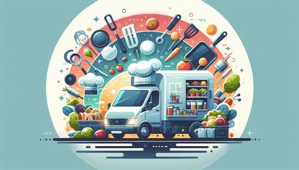 Colorful Mobile Kitchen Van Offering Fresh Vegetable Dishes