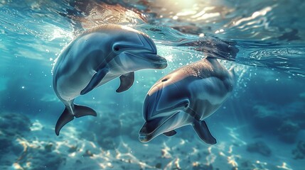 Fototapeta premium captivating closeup of two cute dolphins swimming in blue ocean