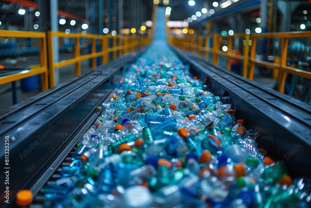 Poster image capturing a conveyor belt overflowing with plastic bottles, emphasizing the scale of productio