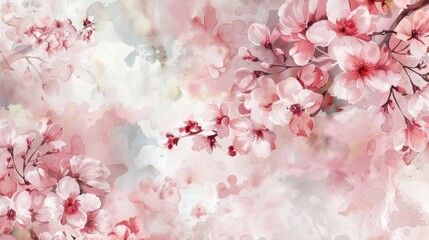 A soft and artistic representation of delicate pink cherry blossoms set against a dreamy watercolor background in shades of pink and white.