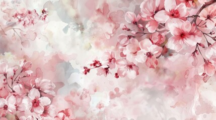 Fototapeta premium A soft and artistic representation of delicate pink cherry blossoms set against a dreamy watercolor background in shades of pink and white.