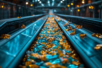 Photo of a conveyor belt lined with snacks in golden packaging, giving insight into the food industry's large-scale manufacturing processes