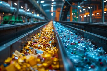 Two lines of conveyor belts in a recycling facility, sorting yellow and blue recyclable wastes, highlighting the importance of waste management and recycling