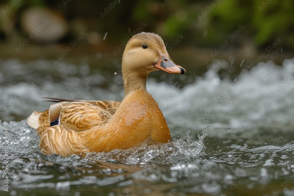 Poster close-up capture of a beautiful golden duck making a splash in a clear stream, showcasing the elegan