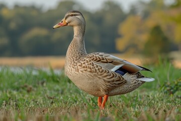 A majestic duck stands tall amidst the green grass, with a soft-focus background highlighting the tranquil environment and showcasing the bird's elegant stance