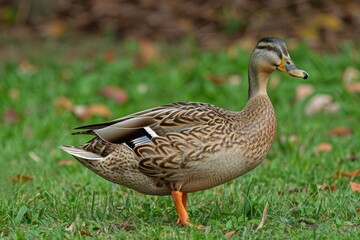 Fototapeta premium A female mallard duck with detailed plumage stands on vibrant green grass, showcasing the natural beauty and wildlife found in outdoor settings