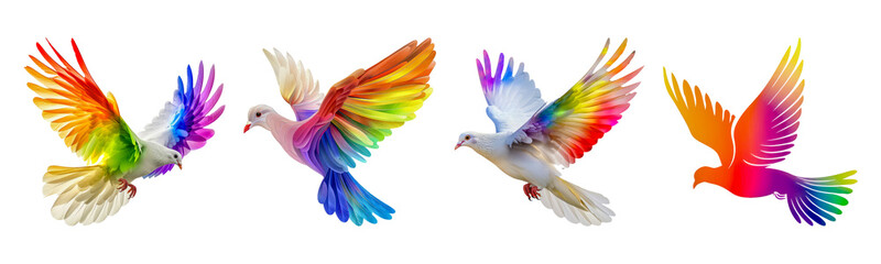 Fototapeta premium Set of Colorful flying doves with vibrant rainbow wings isolated transparent PNG background