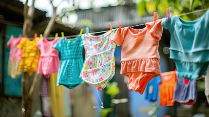 children's clothes are dried on a line. Selective focus