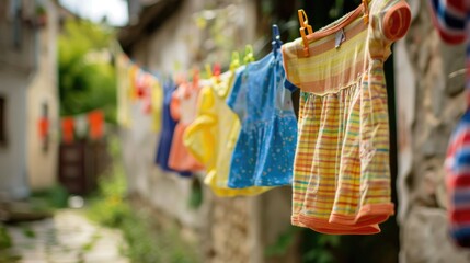 children's clothes are dried on a line. Selective focus