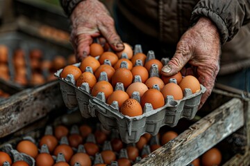 An elderly farmer holds a gray carton full of brown and speckled eggs, showcasing fresh produce