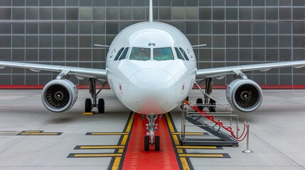 an airplane with a vibrant red carpet and extended stairs awaits passengers against the backdrop of an airport runway, evoking the glamour of air travel.