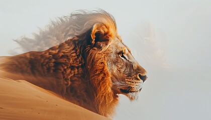 A double exposure of a lion head and desert landscape.