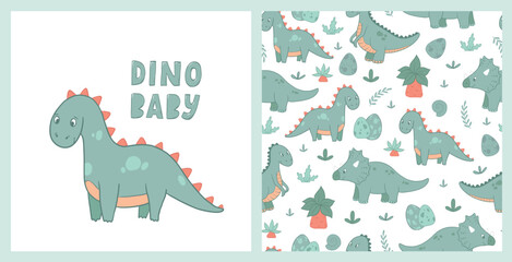 dinosaur poster, print and seamless pattern design for nursery room decor, wallpaper, textile, apparel, wrapping paper, etc. EPS 10