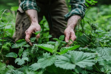 Fototapeta premium Farmer lady picking nettles