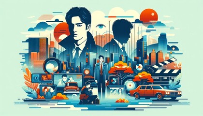 Colorful Urban Korean Drama Concept Art with Cityscape and Characters