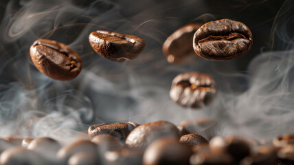 Coffee Beans in Flight Against Dark Backdrop