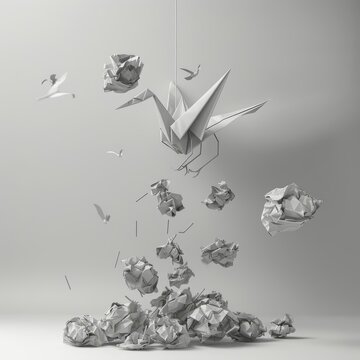 Utilize the metaphor of crumpled paper balls and a crane to envision new possibilities in the realm of business and innovation