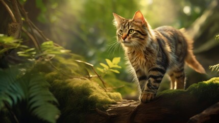 A fluffy cat stands on a mossy log in a forest. The sun shines through the trees, creating a warm glow around the cat. - Powered by Adobe