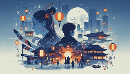 Korean Drama Inspired Artwork Featuring Traditional Architecture and Modern Elements
