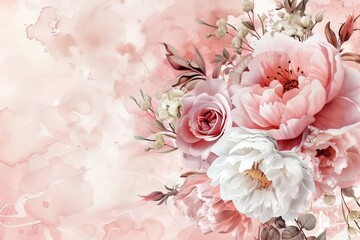 romantic feminine floral composition with peonies and roses pink background with copy space wedding or mothers day concept watercolor illustration