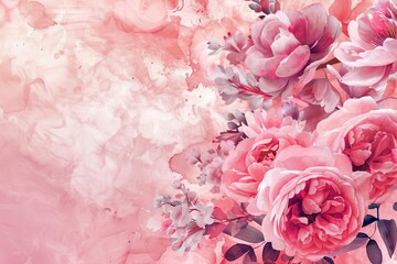 romantic feminine floral composition with peonies and roses pink background with copy space wedding or mothers day concept watercolor illustration