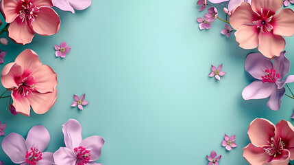 fondo de flores en 3d tercera dimensión colores tenues floreado a los lados fondo azul pastel espacio para copiar fondo para diseño 