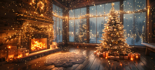 Cozy living room with Christmas tree, fireplace, and festive decorations