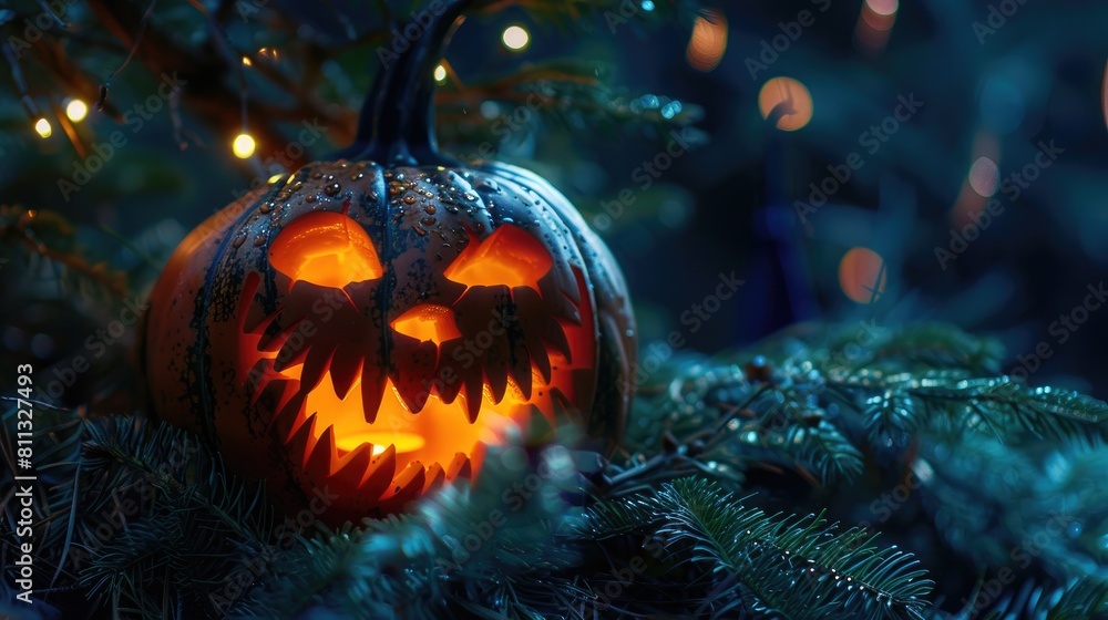 Poster Smiling pumpkin with four teeth on pine branches glowing from within against dark backdrop