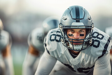 An American football player in a gray helmet and white uniform stands waiting for the ball to be drawn. Copy space