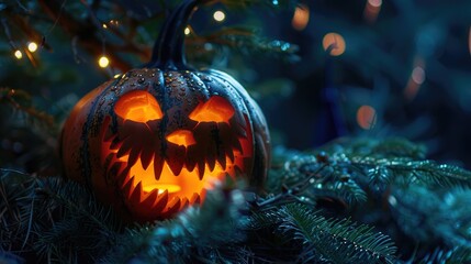 Smiling pumpkin with four teeth on pine branches glowing from within against dark backdrop