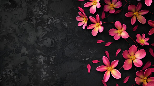fondo efecto pintura en color negro elegante con flores a un costado en rosa brillante con espacio para copiar plantilla para dise&ntilde;o