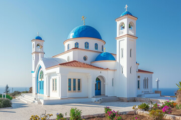 Cyprus. Protaras. Pernera. A piece of the white church with blue domes known as the Bell Tower Church. Eastern Orthodox Church along the Mediterranean. Christianity.