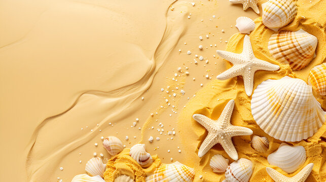 fondo de arena en el mar con elementos de paya orilla de playa con estrellas de mar y conchas  plantilla para dise&ntilde;o o decoraciones