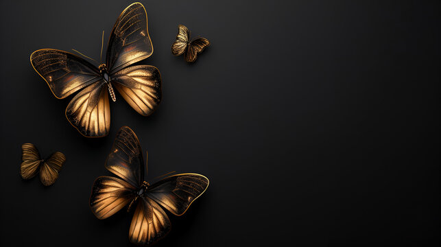 mariposas doradas en 3d en tercera dimensi&oacute;n volando sobre un fondo liso negro para dise&ntilde;o marco elegante plantilla para dise&ntilde;o o decoraci&oacute;n