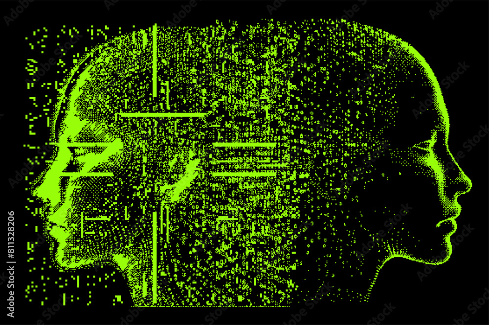 Poster glitchy pixelated green 3d human faces on dark background. conceptual vector illustration of identit