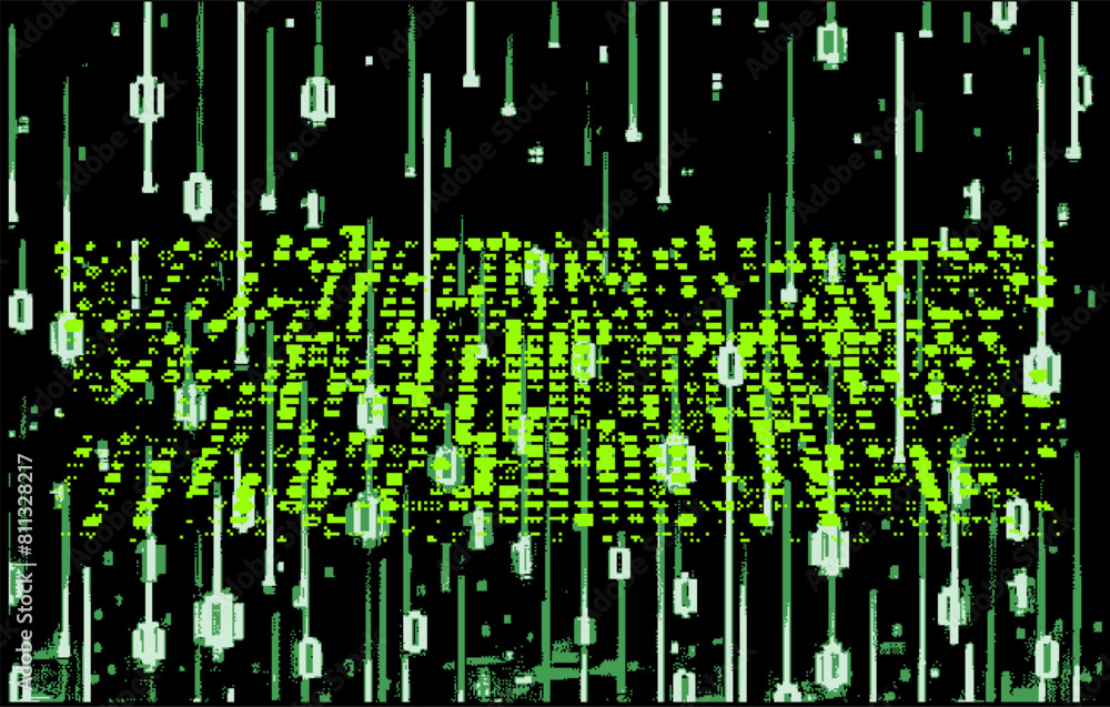 Aufkleber Glitchy and distorted dark background with collapsing binary code. Vector abstract illustration on the theme of technology and science.