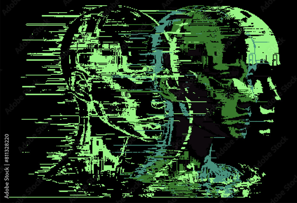 Poster Distorted and blurred 3D face silhouette made of pixels. The concept of machine learning, neural networks and artificial intelligence.