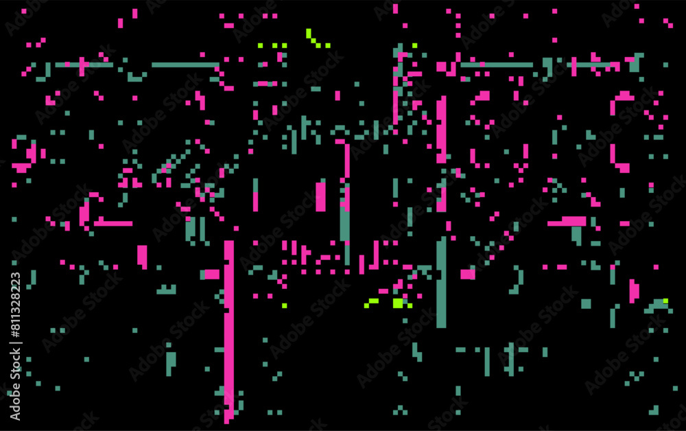 Poster vector illustration of distorted screen with neon glitches and flickering.