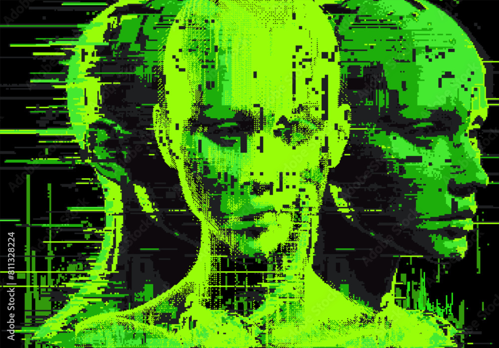 Poster distorted silhouette of a bald human head. conceptual image of facial recognition and anonymity syst