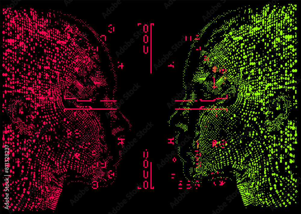 Poster Glitchy pixelated green and red 3D human faces looking at each other. Conceptual vector illustration of identity in the age of technology. 