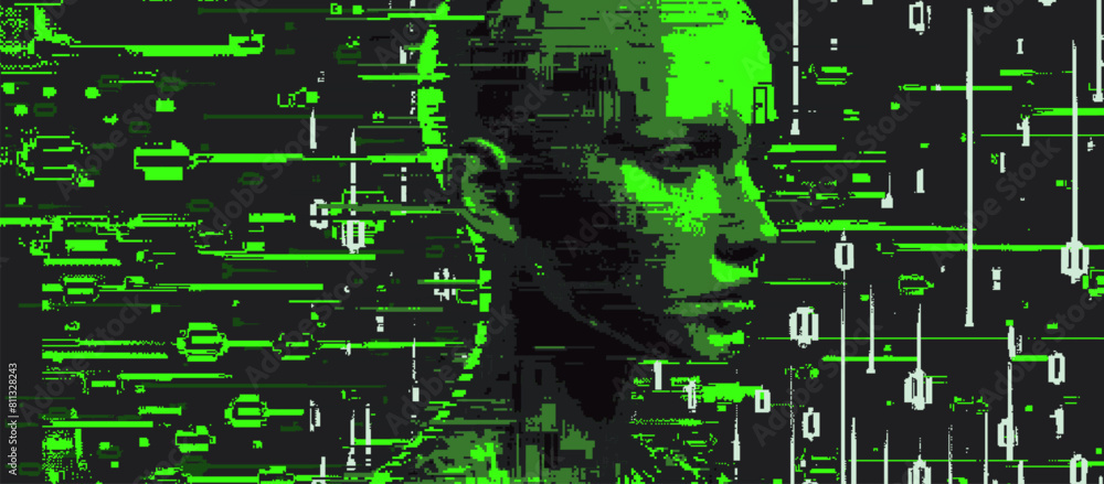 Poster Distorted and blurred 3D face silhouette made of pixels. The concept of machine learning, neural networks and artificial intelligence.