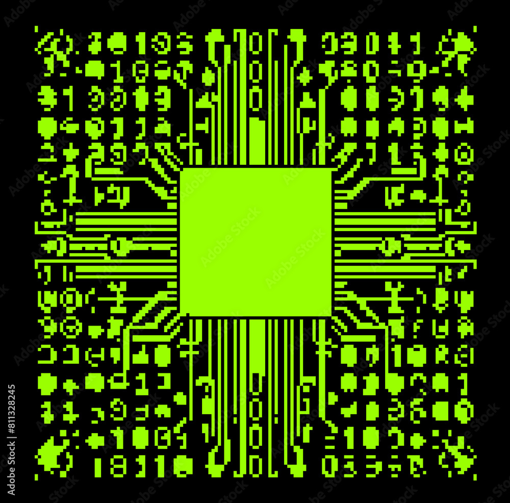 Poster Pixel image of an abstract computer scheme and circuit. Vector illustration in 8-bit retrofuturistic style.