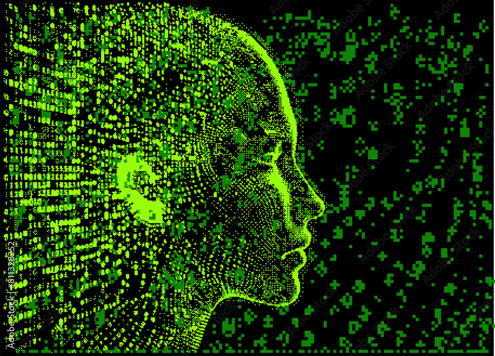 Aufkleber Silhouette of a human head made of binary code. Conceptual image of Artificial Intelligence, Virtual Reality, Deep Learning and Face recognition systems. Cyberpunk style vector illustration.